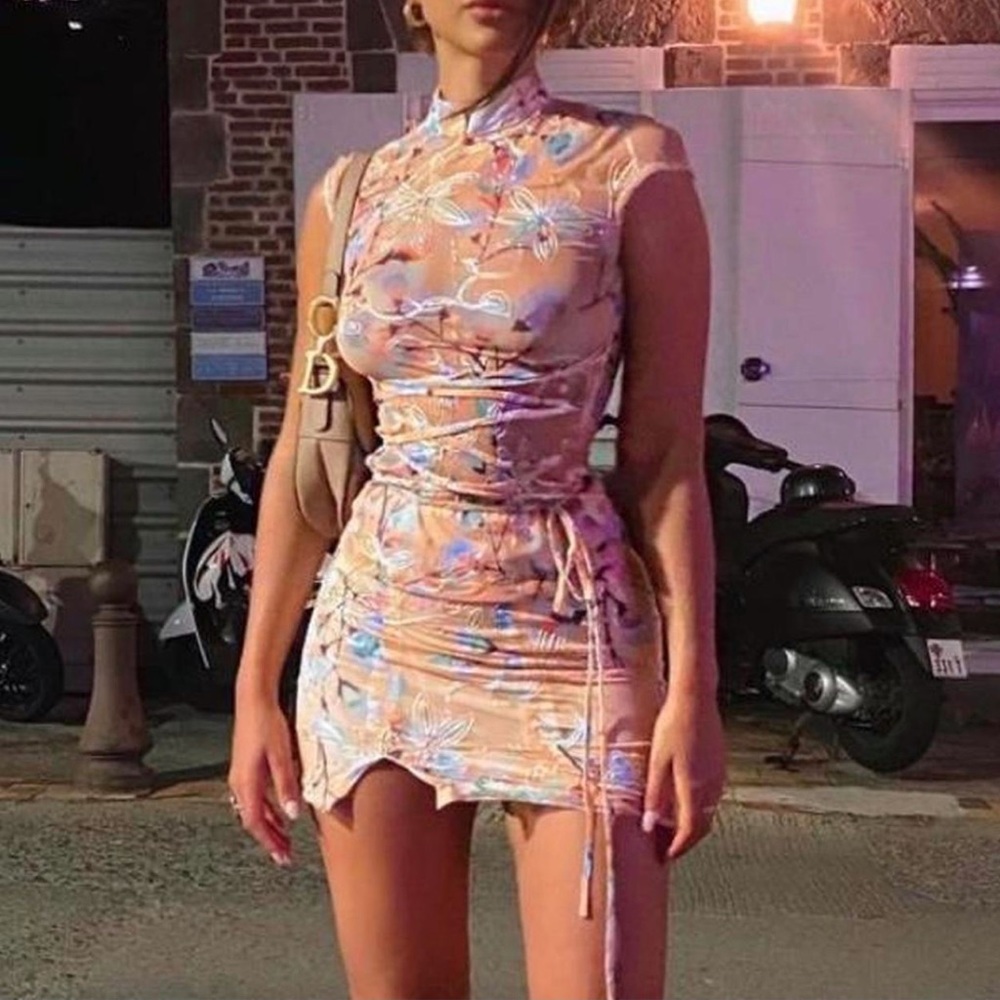 Kim shui floral qi pao mesh lace up top and skirt baby pink and blue small set